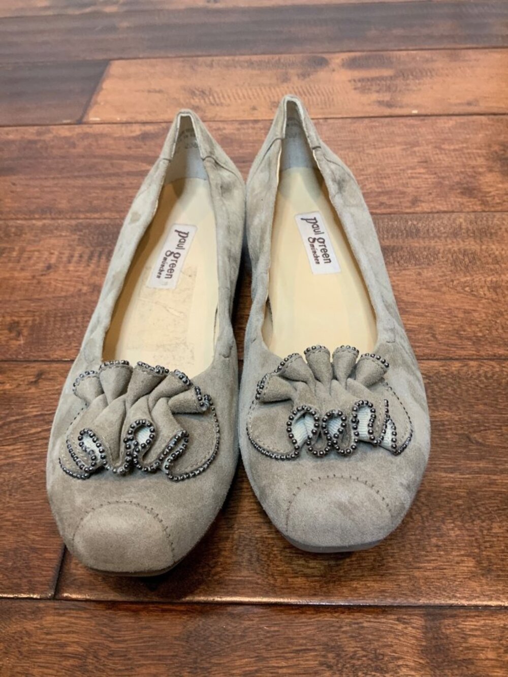 Paul Green Tan Suede Flats Shoes W/ Ruffle Toe Detail, Size 6 | 8.5
